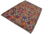 Flat Weave Kilim Antique Navaho Vintage handmade Geometric Kilim Brown Blue Hand-Woven Rectangle 100% Wool Area Rug 7x10